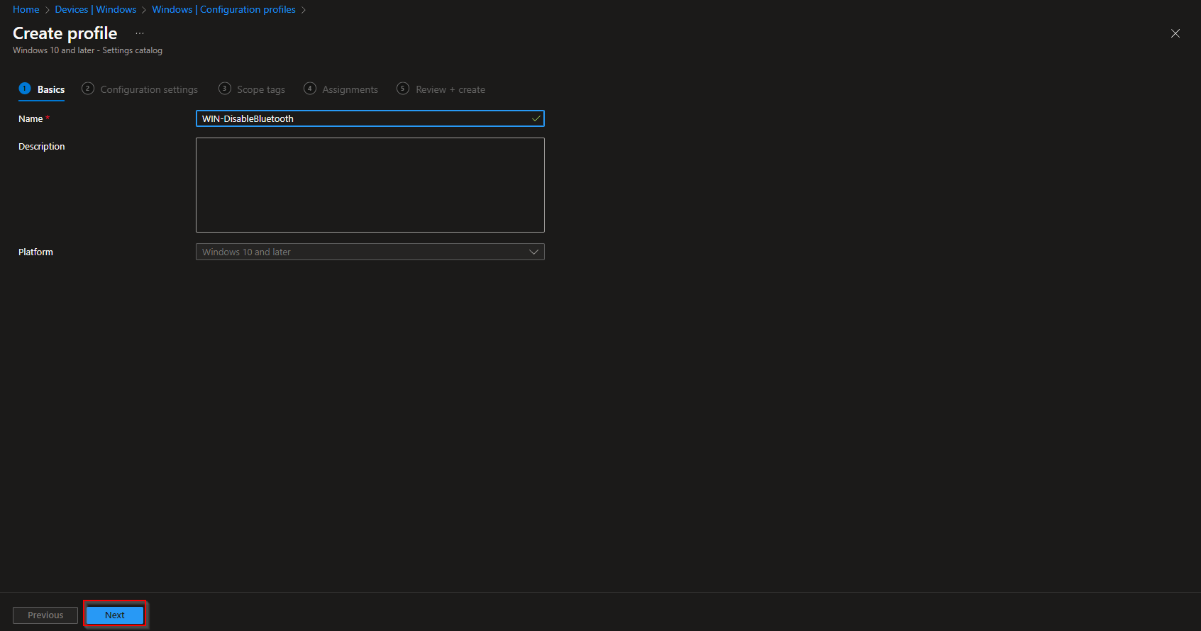 Configuring the Basics tab with profile name and description